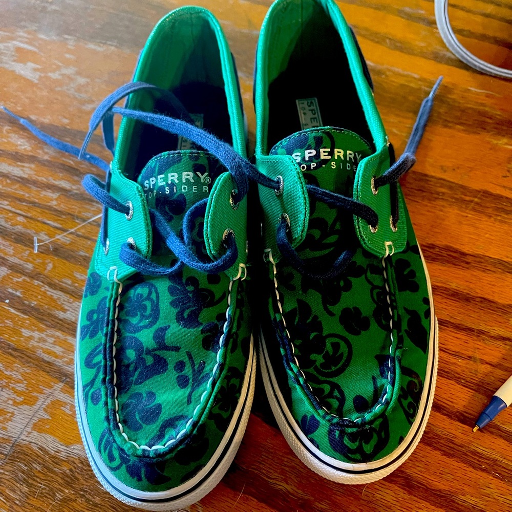 Green Sperry Topsiders with floral print